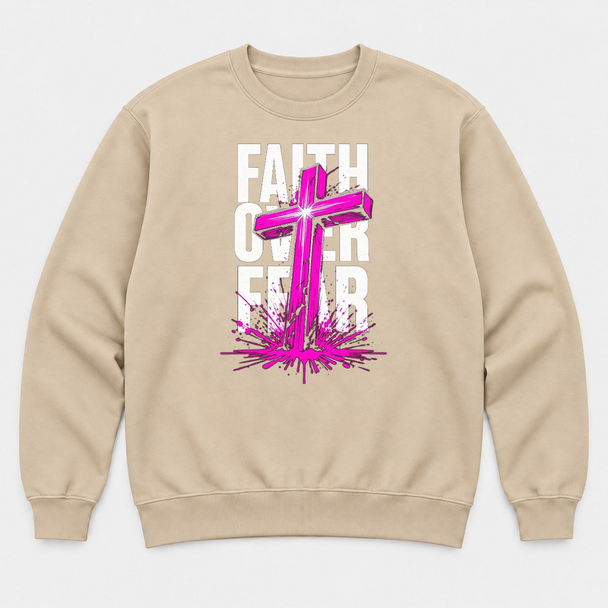 Faith Over Fear Pink Cross Graphic T-Shirt & Sweatshirt - Sweatshirt Sand Front