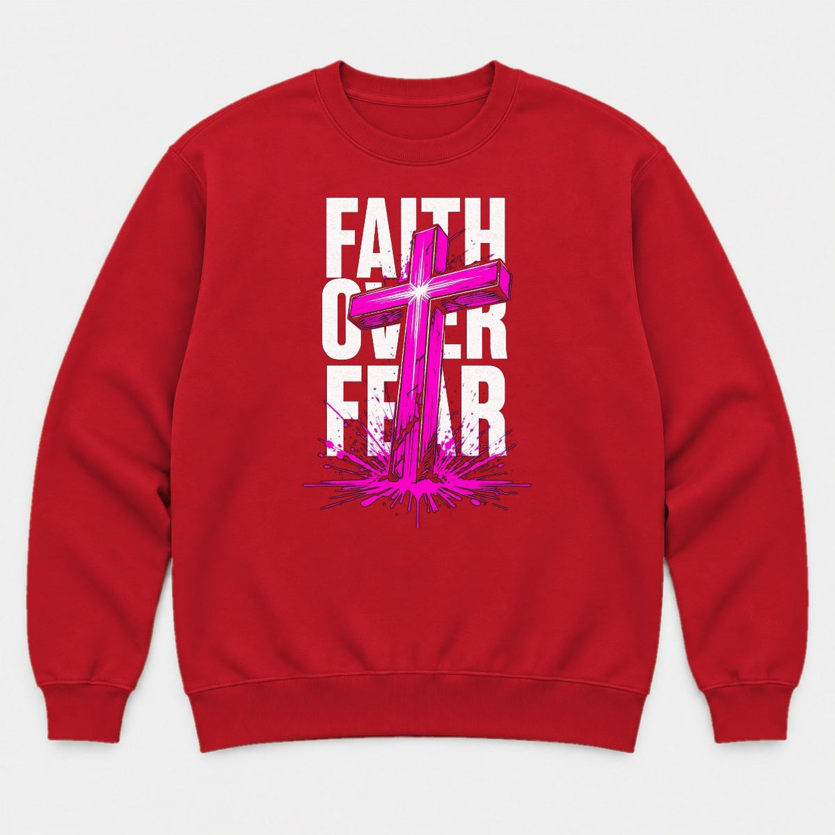 Faith Over Fear Pink Cross Graphic T-Shirt & Sweatshirt - Sweatshirt Red Front