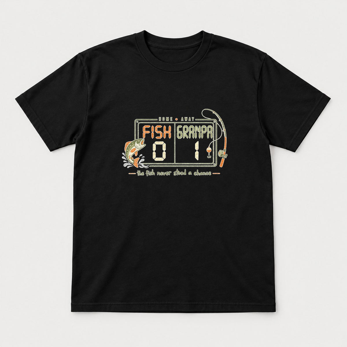 Fish vs Grandpa Scoreboard Retro Fishing Graphic T-Shirt & Sweatshirt - Tshirt Black Front