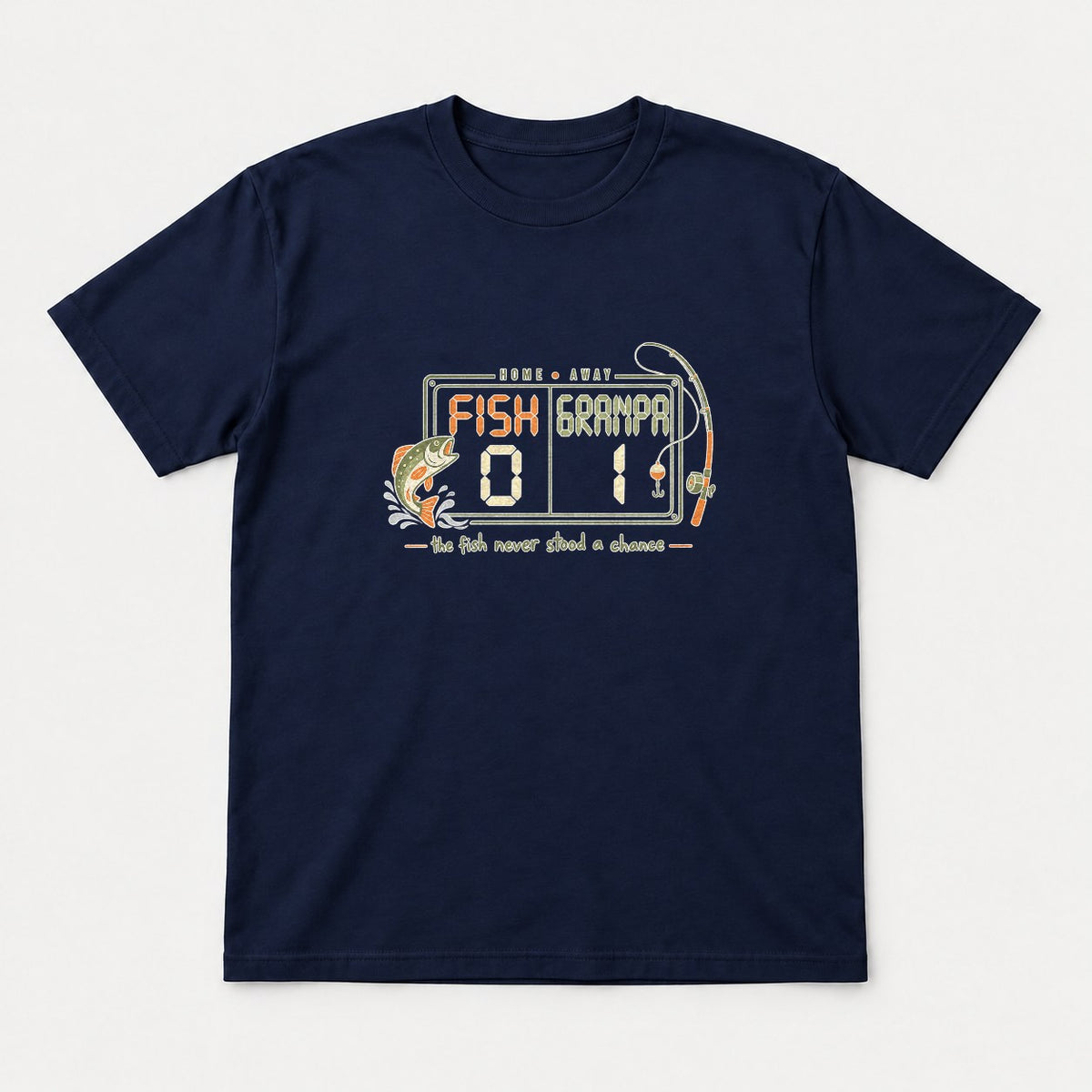 Fish vs Grandpa Scoreboard Retro Fishing Graphic T-Shirt & Sweatshirt - Tshirt Navy Front