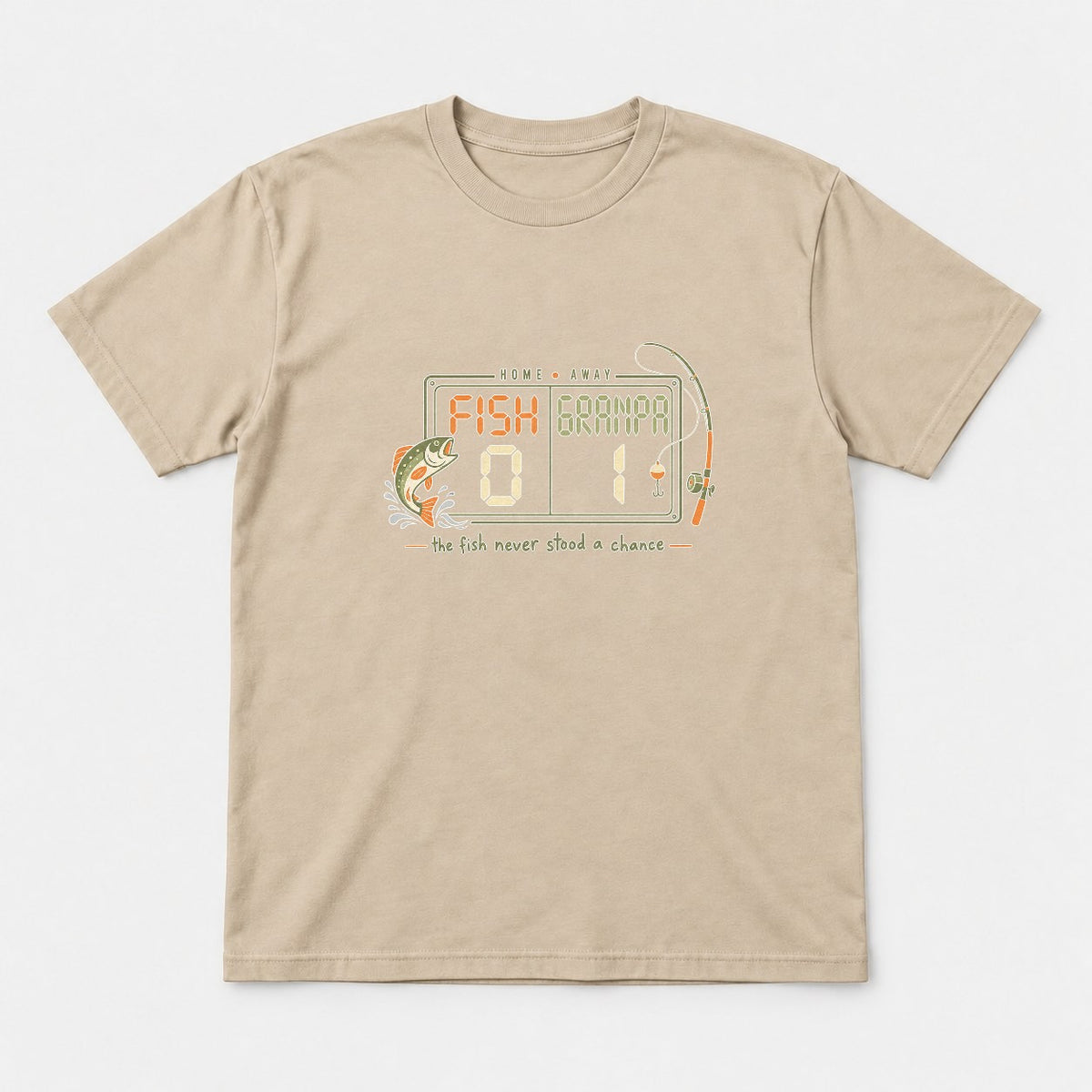 Fish vs Grandpa Scoreboard Retro Fishing Graphic T-Shirt & Sweatshirt - Tshirt Sand Front