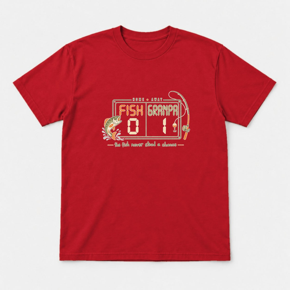 Fish vs Grandpa Scoreboard Retro Fishing Graphic T-Shirt & Sweatshirt - Tshirt Red Front