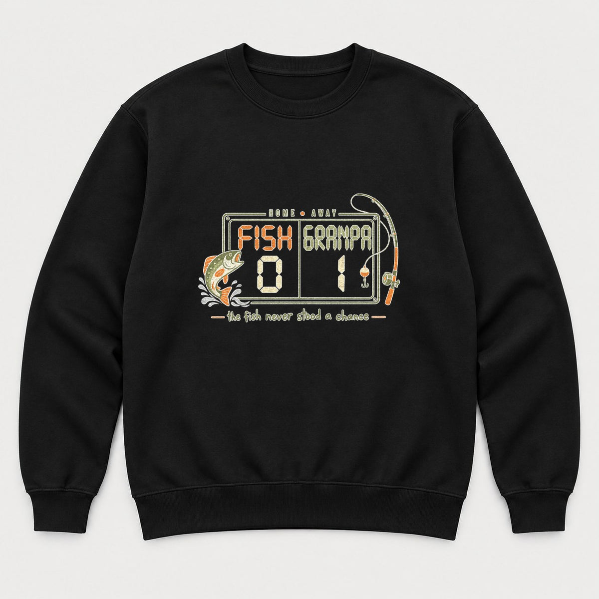 Fish vs Grandpa Scoreboard Retro Fishing Graphic T-Shirt & Sweatshirt - Sweatshirt Black Front