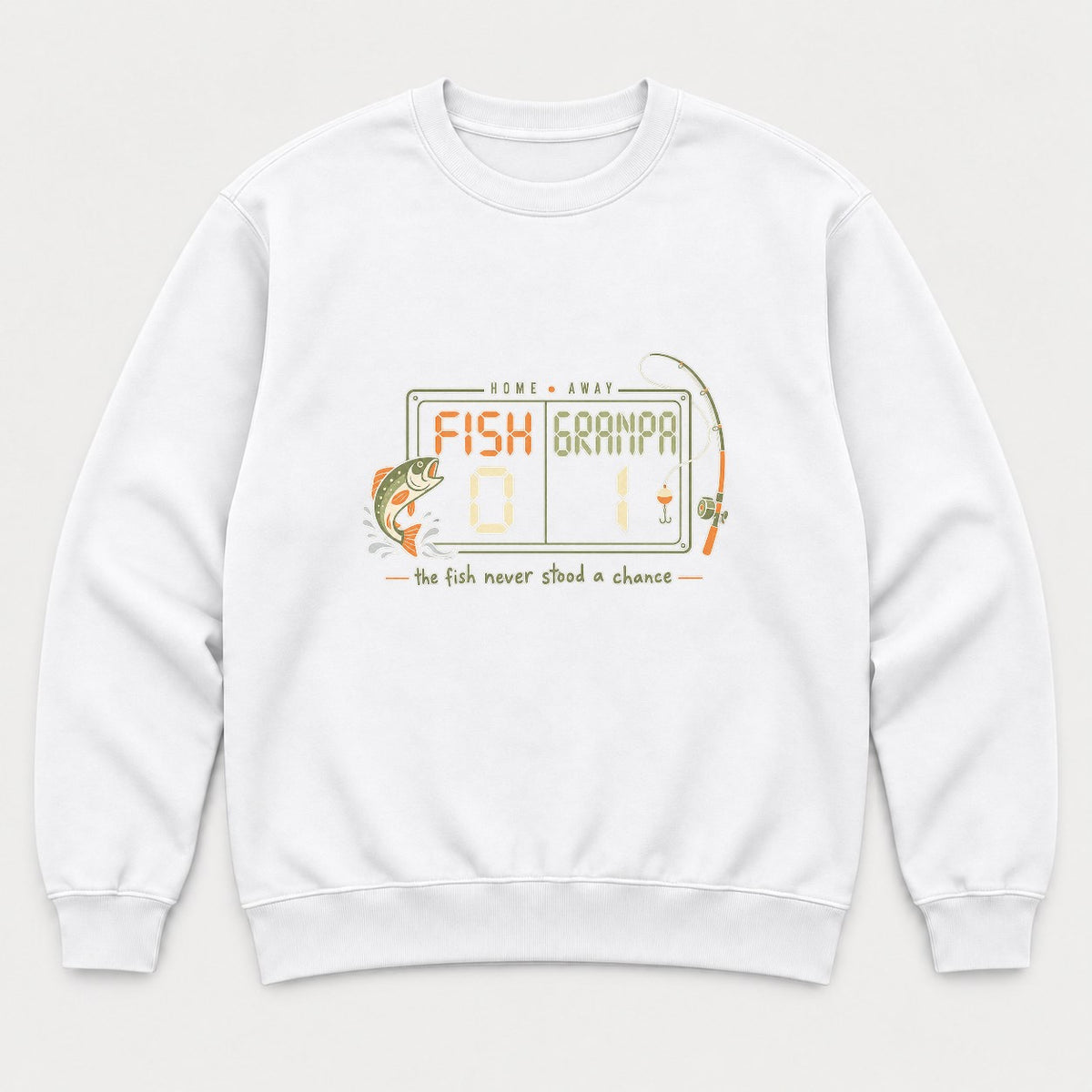 Fish vs Grandpa Scoreboard Retro Fishing Graphic T-Shirt & Sweatshirt - Sweatshirt White Front