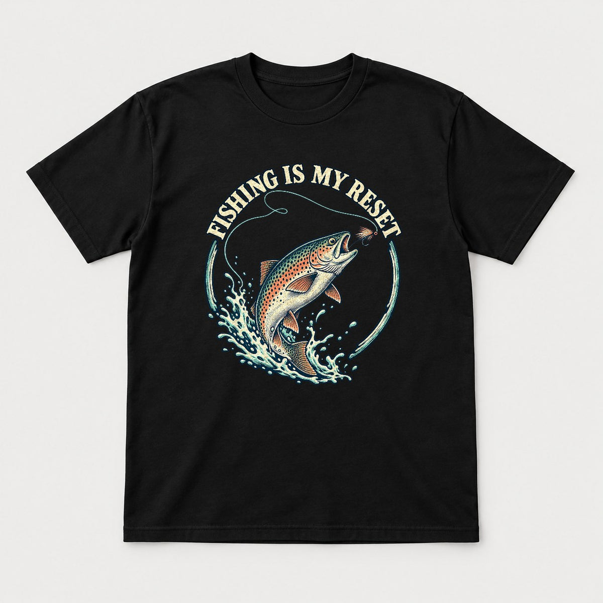 Fishing Is My Reset Vintage Jumping Trout Graphic T-Shirt & Sweatshirt - Tshirt Black Front