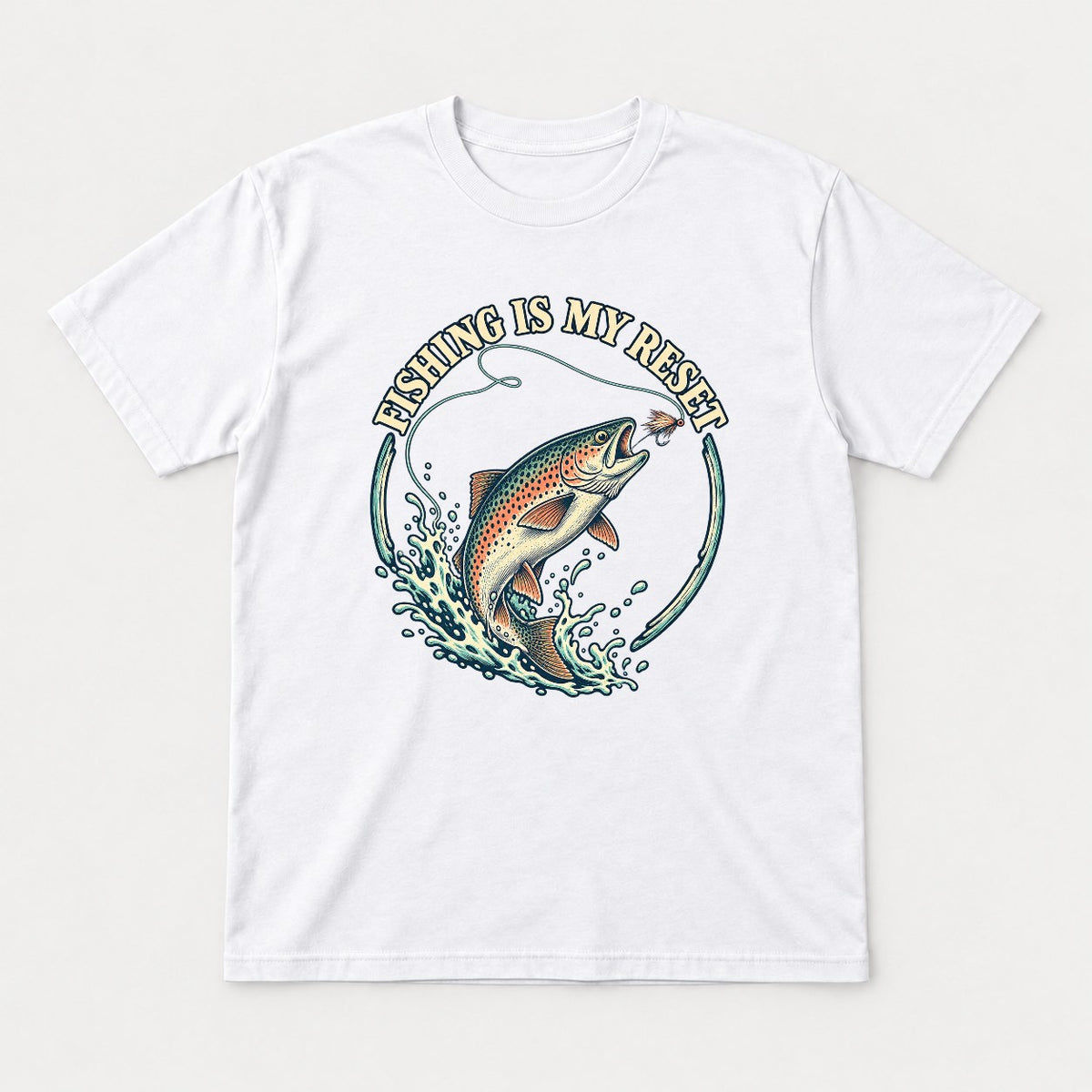 Fishing Is My Reset Vintage Jumping Trout Graphic T-Shirt & Sweatshirt - Tshirt White Front