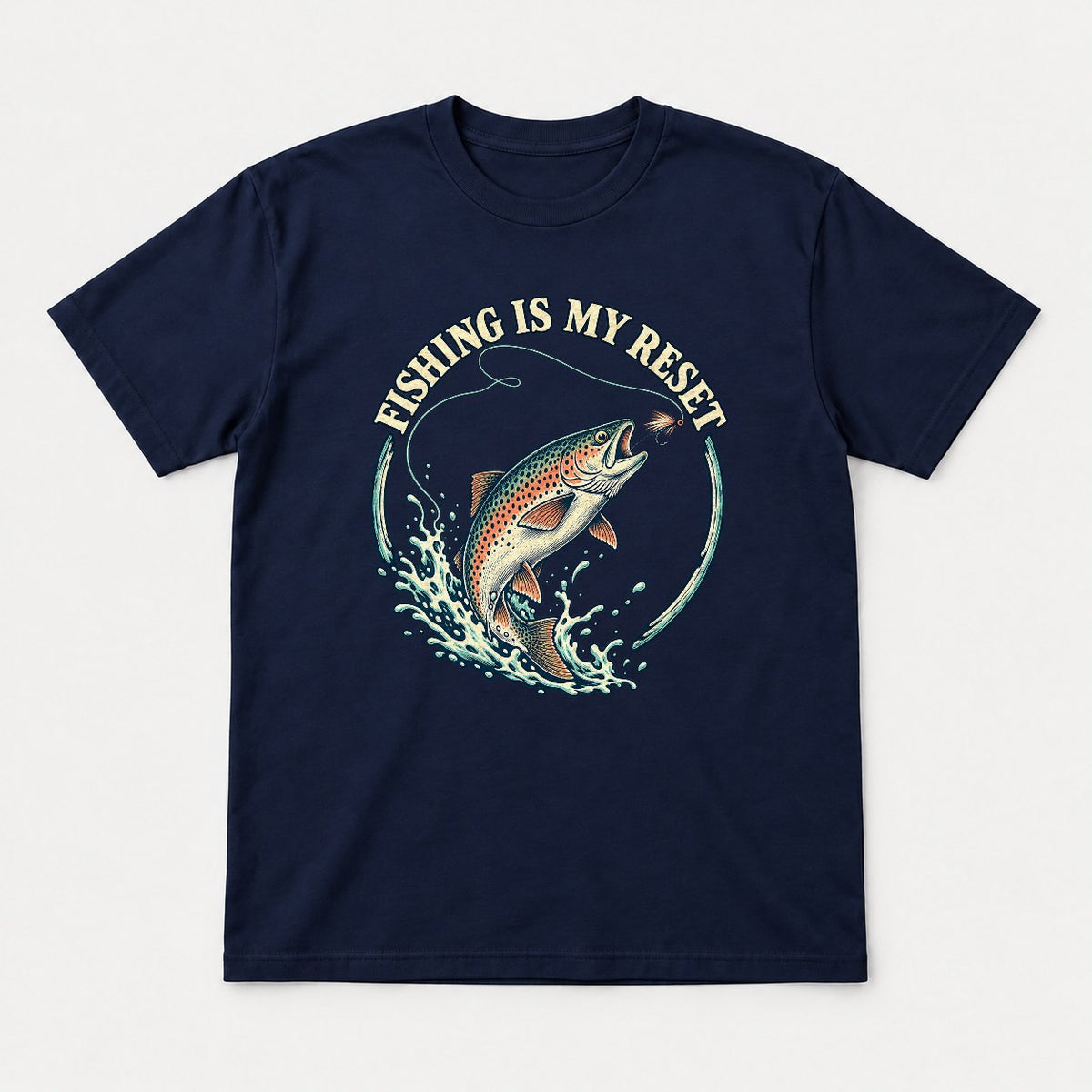 Fishing Is My Reset Vintage Jumping Trout Graphic T-Shirt & Sweatshirt - Tshirt Navy Front