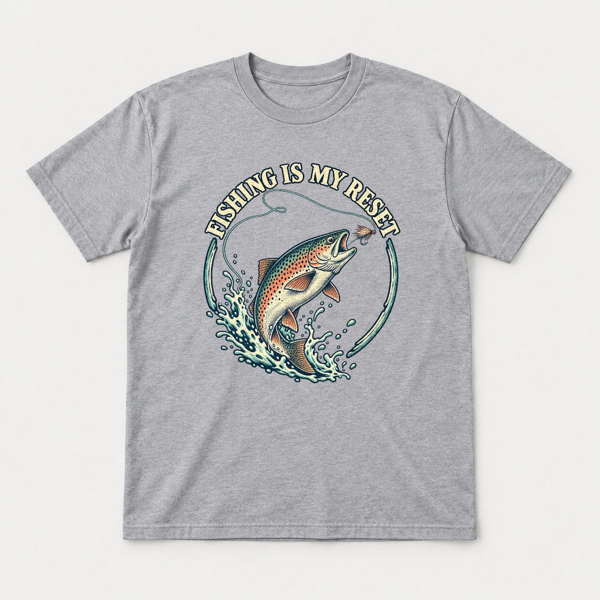 Fishing Is My Reset Vintage Jumping Trout Graphic T-Shirt & Sweatshirt - Tshirt Sport Grey Front