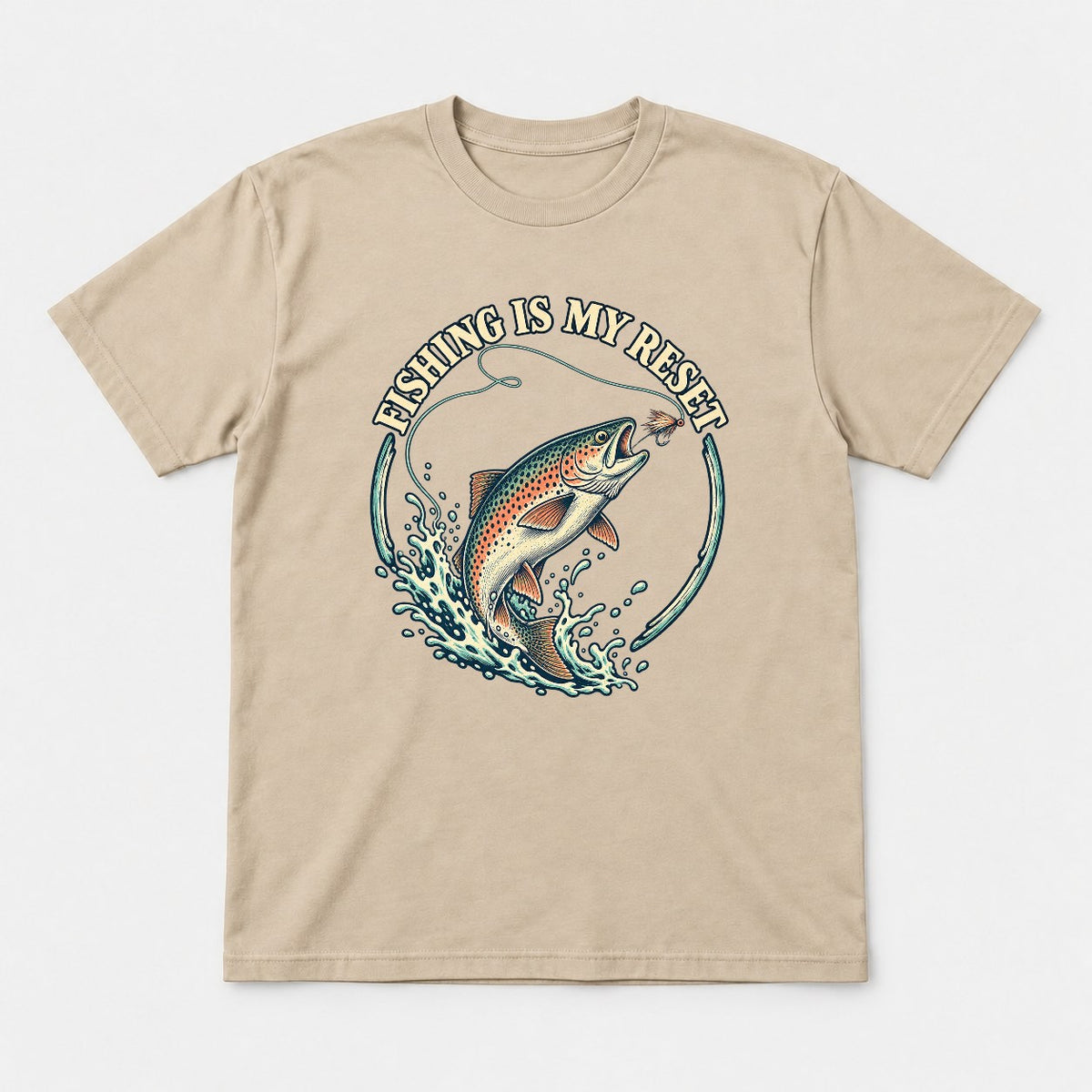 Fishing Is My Reset Vintage Jumping Trout Graphic T-Shirt & Sweatshirt - Tshirt Sand Front