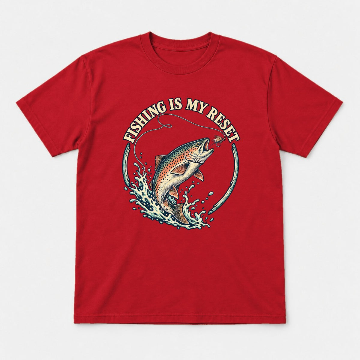 Fishing Is My Reset Vintage Jumping Trout Graphic T-Shirt & Sweatshirt - Tshirt Red Front