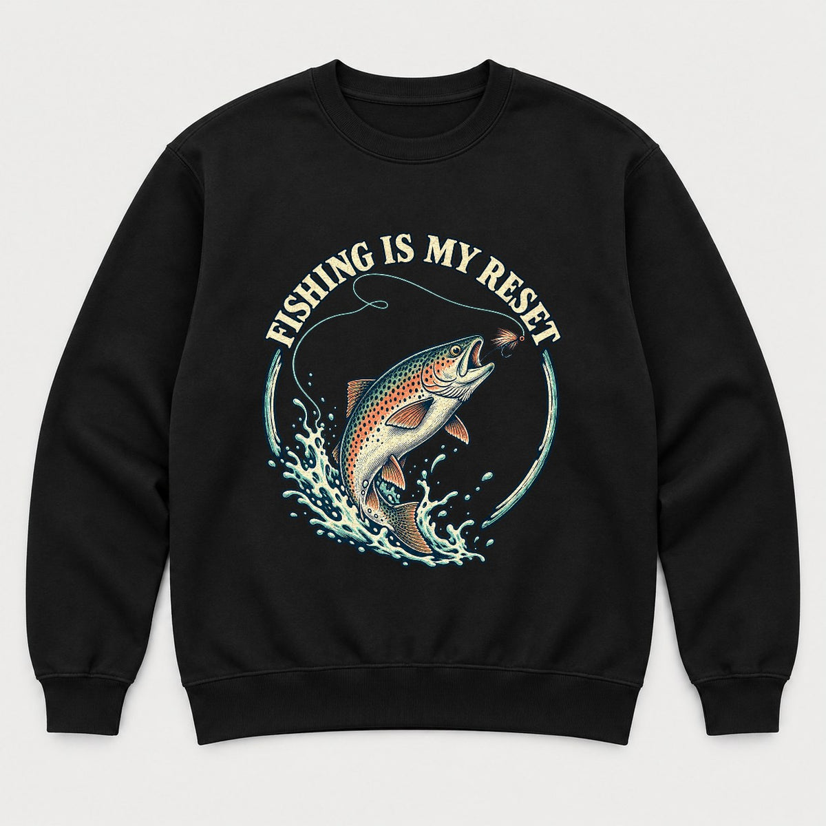 Fishing Is My Reset Vintage Jumping Trout Graphic T-Shirt & Sweatshirt - Sweatshirt Black Front