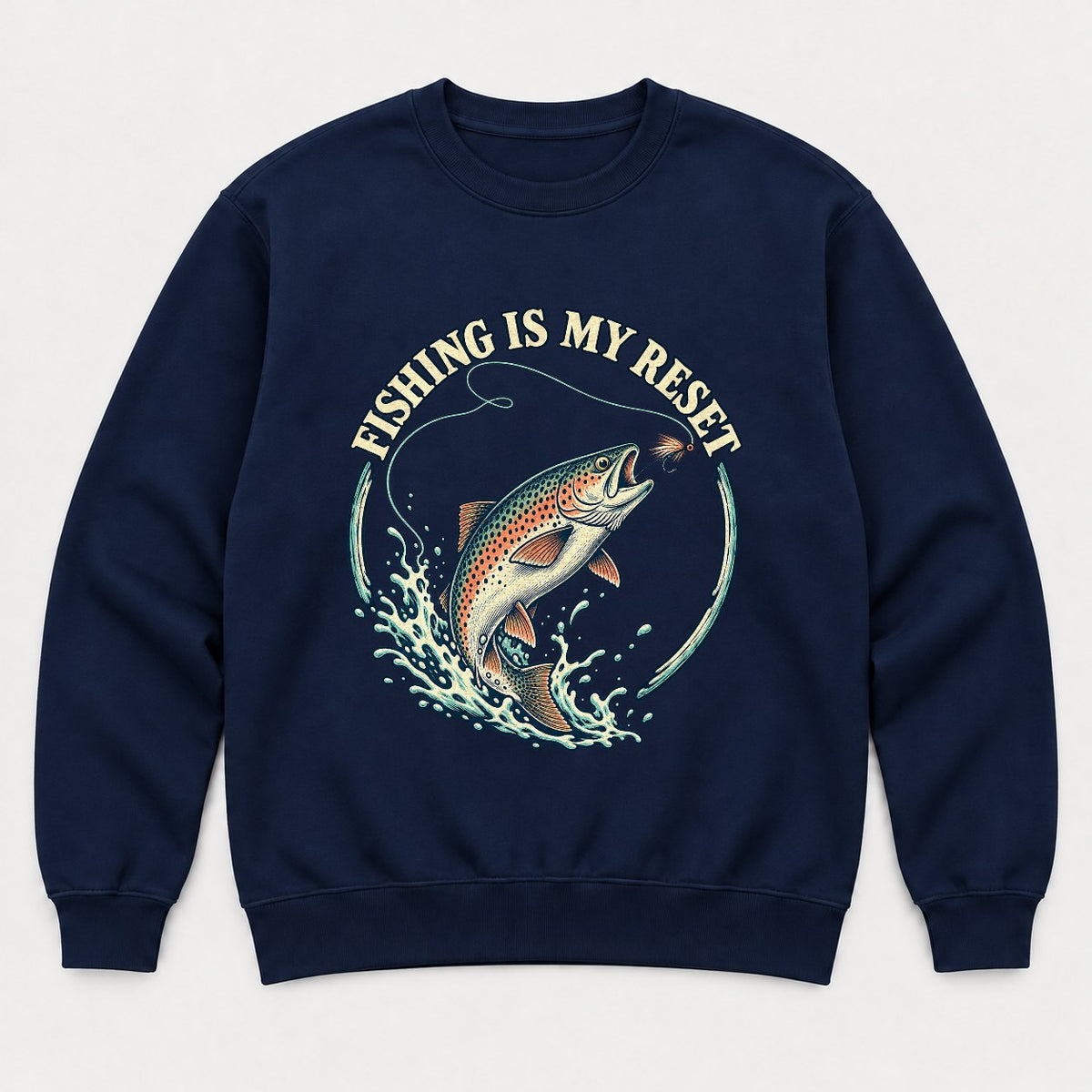 Fishing Is My Reset Vintage Jumping Trout Graphic T-Shirt & Sweatshirt - Sweatshirt Navy Front