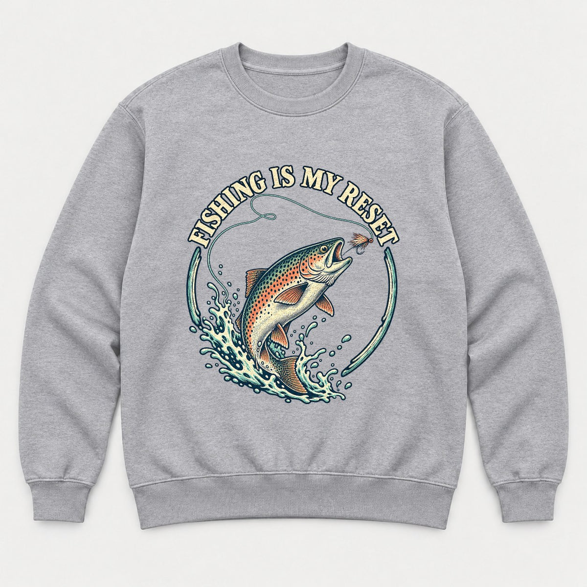 Fishing Is My Reset Vintage Jumping Trout Graphic T-Shirt & Sweatshirt - Sweatshirt Sport Grey Front