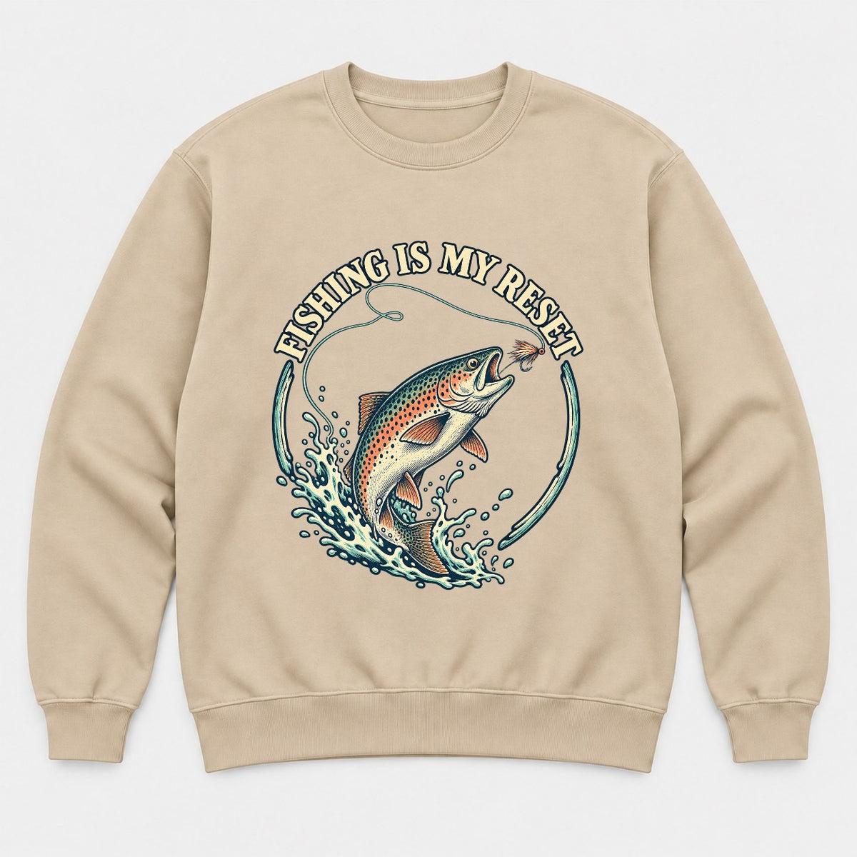 Fishing Is My Reset Vintage Jumping Trout Graphic T-Shirt & Sweatshirt - Sweatshirt Sand Front