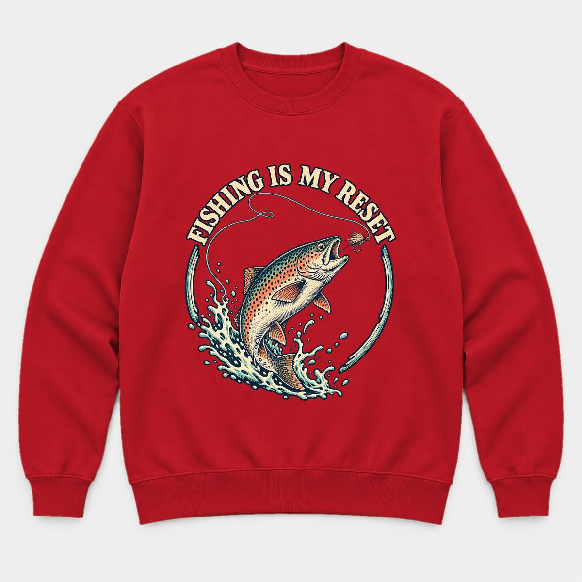Fishing Is My Reset Vintage Jumping Trout Graphic T-Shirt & Sweatshirt - Sweatshirt Red Front
