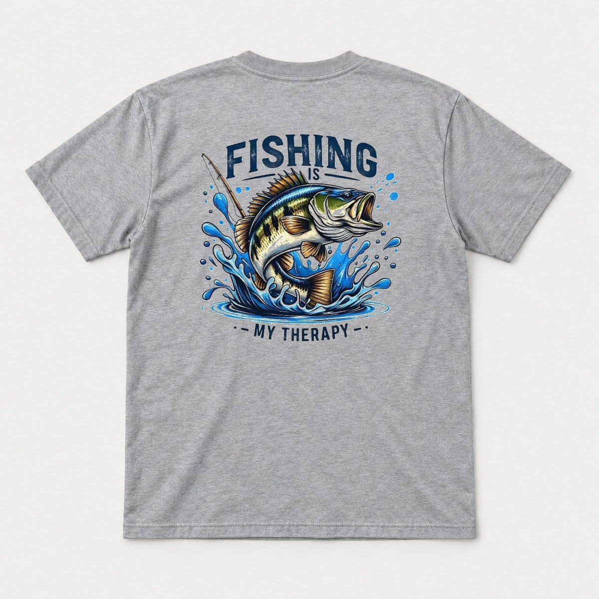 Fishing Is My Therapy Jumping Bass Graphic T-Shirt & Sweatshirt - Tshirt Sport Grey Back