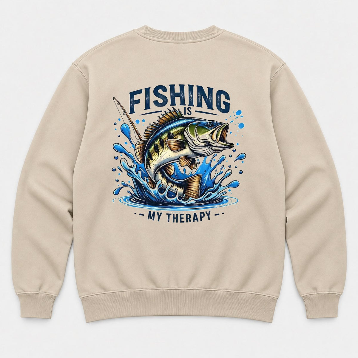 Fishing Is My Therapy Jumping Bass Graphic T-Shirt & Sweatshirt - Sweatshirt Sand Back