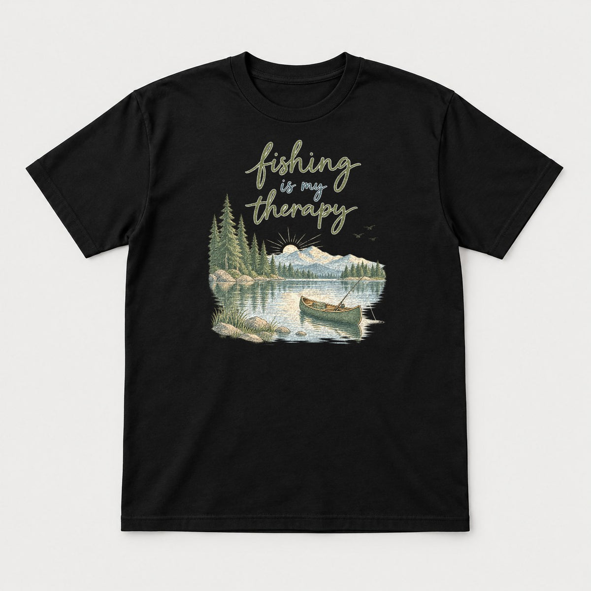 Fishing Is My Therapy Lake Canoe Graphic T-Shirt & Sweatshirt - Tshirt Black Front