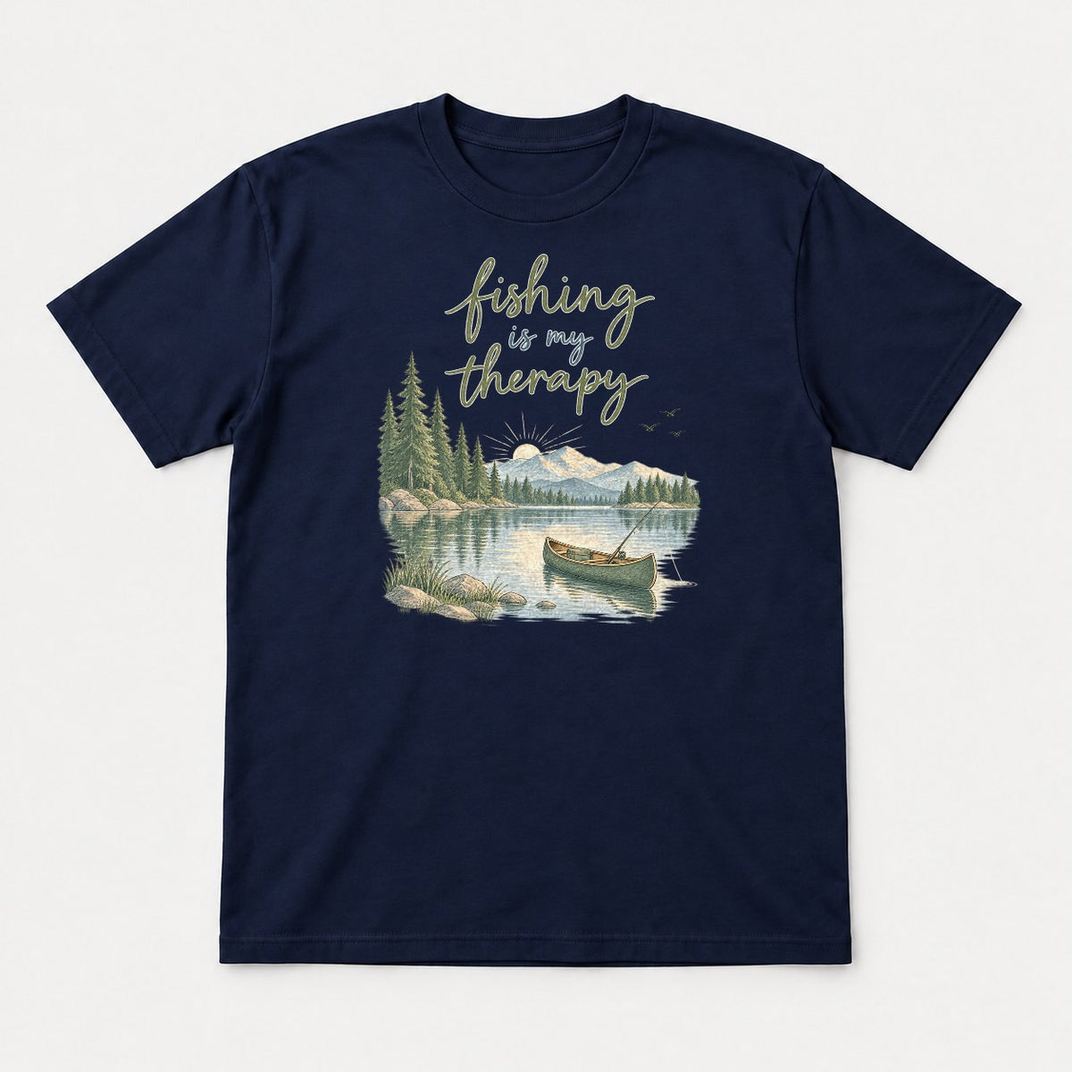 Fishing Is My Therapy Lake Canoe Graphic T-Shirt & Sweatshirt - Tshirt Navy Front