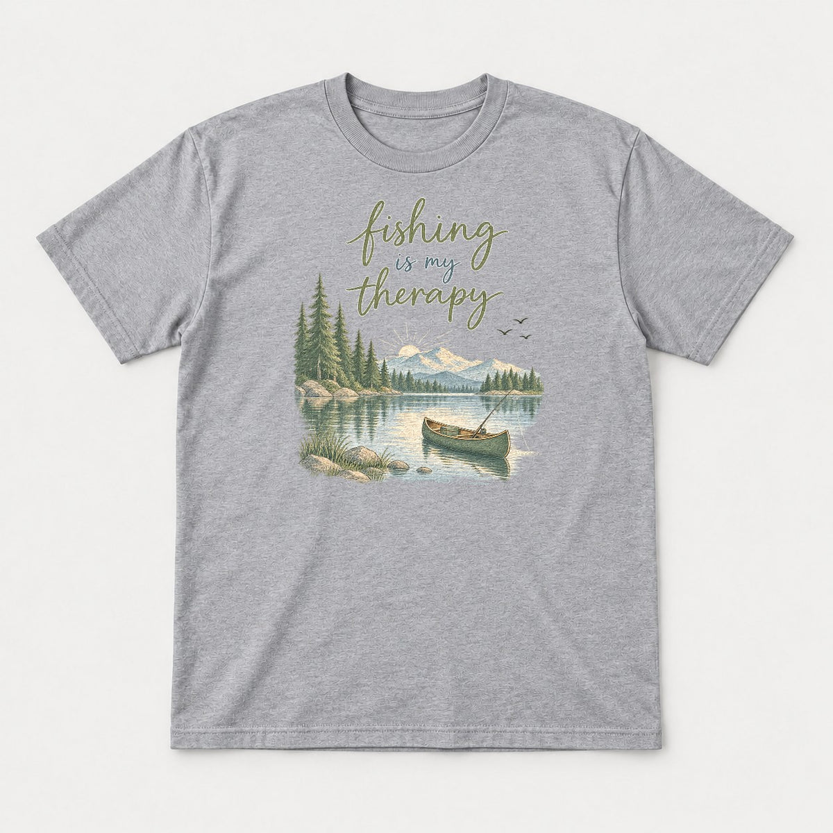 Fishing Is My Therapy Lake Canoe Graphic T-Shirt & Sweatshirt - Tshirt Sport Grey Front