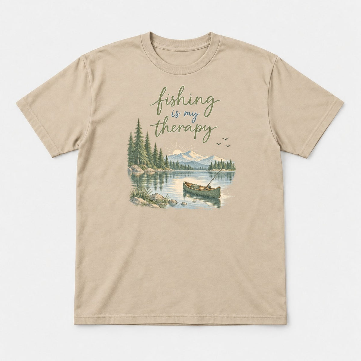 Fishing Is My Therapy Lake Canoe Graphic T-Shirt & Sweatshirt - Tshirt Sand Front