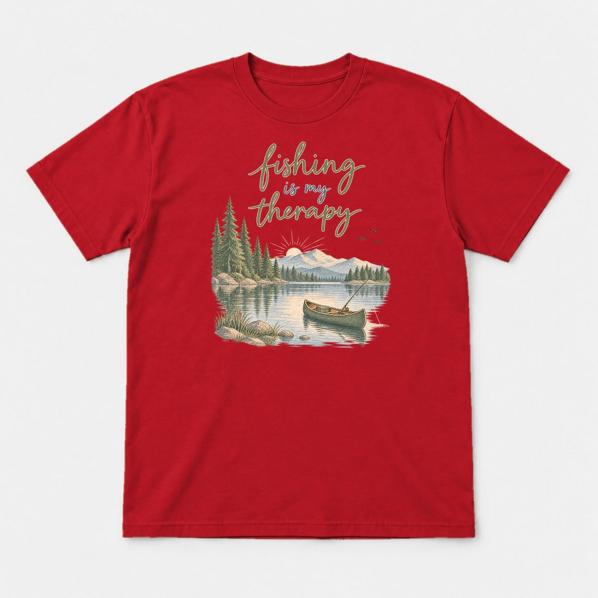 Fishing Is My Therapy Lake Canoe Graphic T-Shirt & Sweatshirt - Tshirt Red Front
