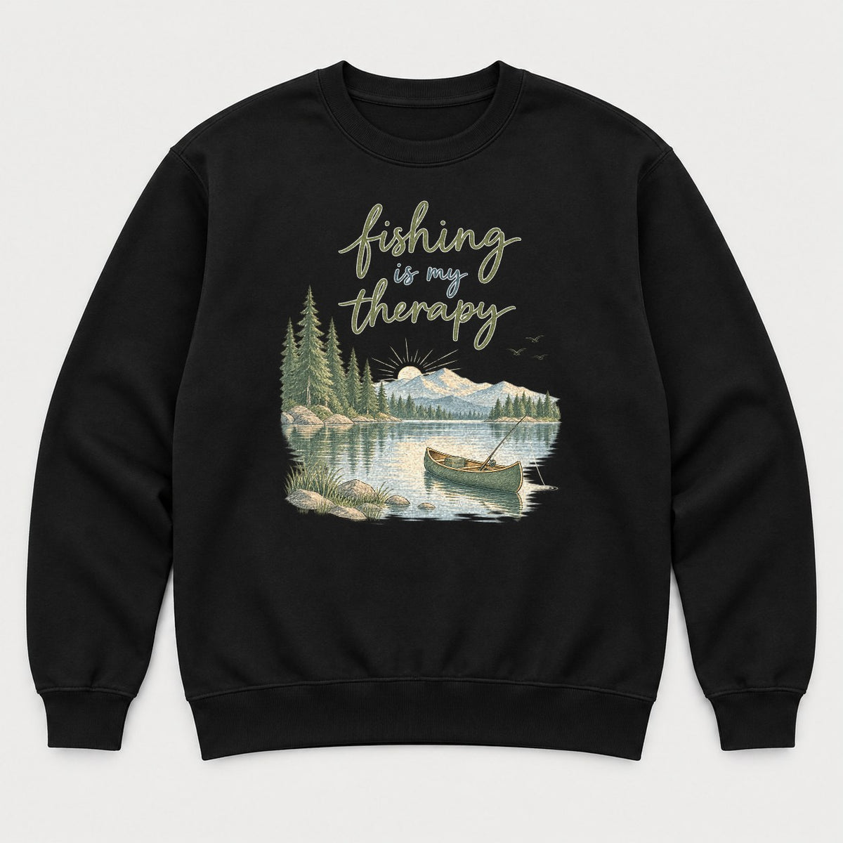 Fishing Is My Therapy Lake Canoe Graphic T-Shirt & Sweatshirt - Sweatshirt Black Front