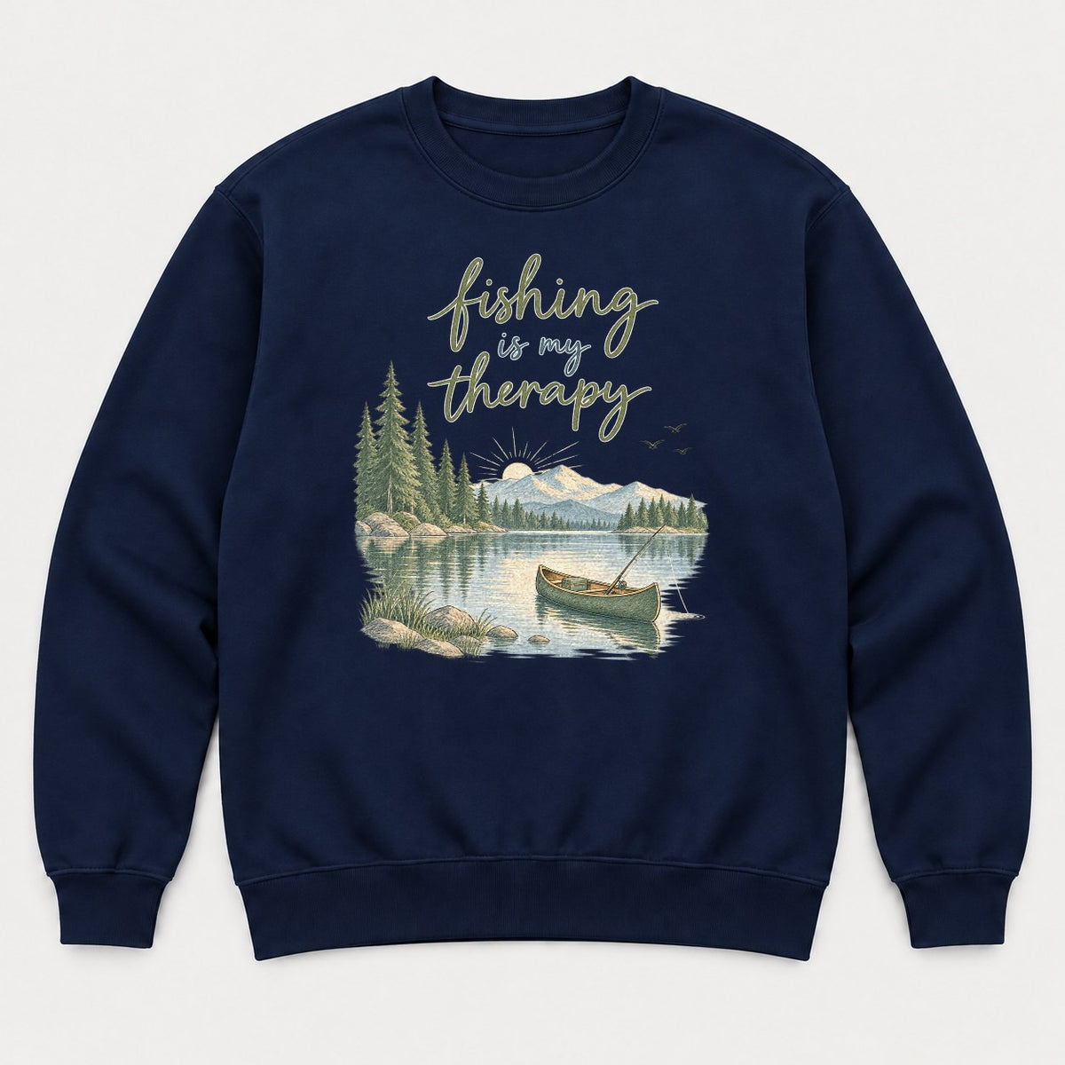 Fishing Is My Therapy Lake Canoe Graphic T-Shirt & Sweatshirt - Sweatshirt Navy Front