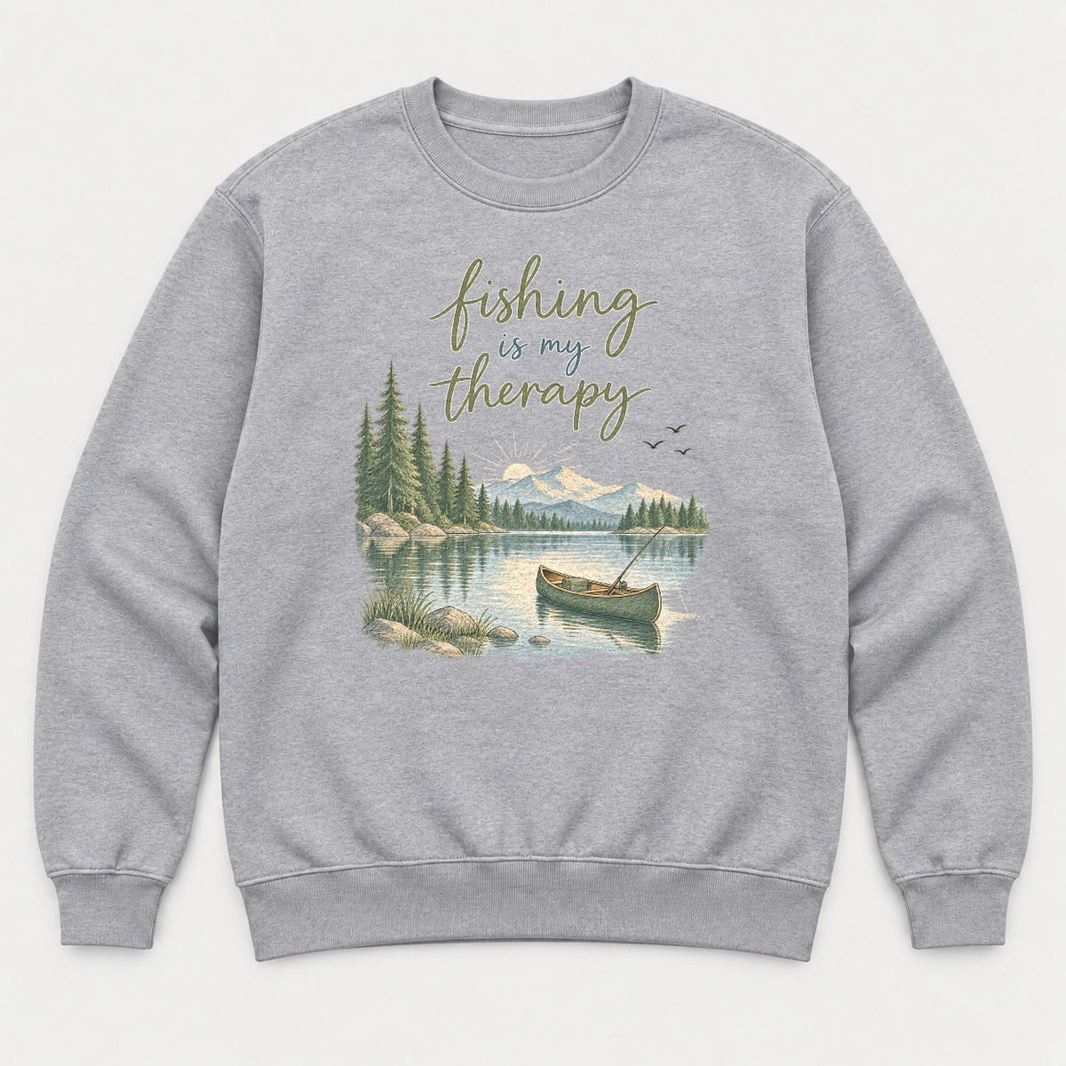 Fishing Is My Therapy Lake Canoe Graphic T-Shirt & Sweatshirt - Sweatshirt Sport Grey Front