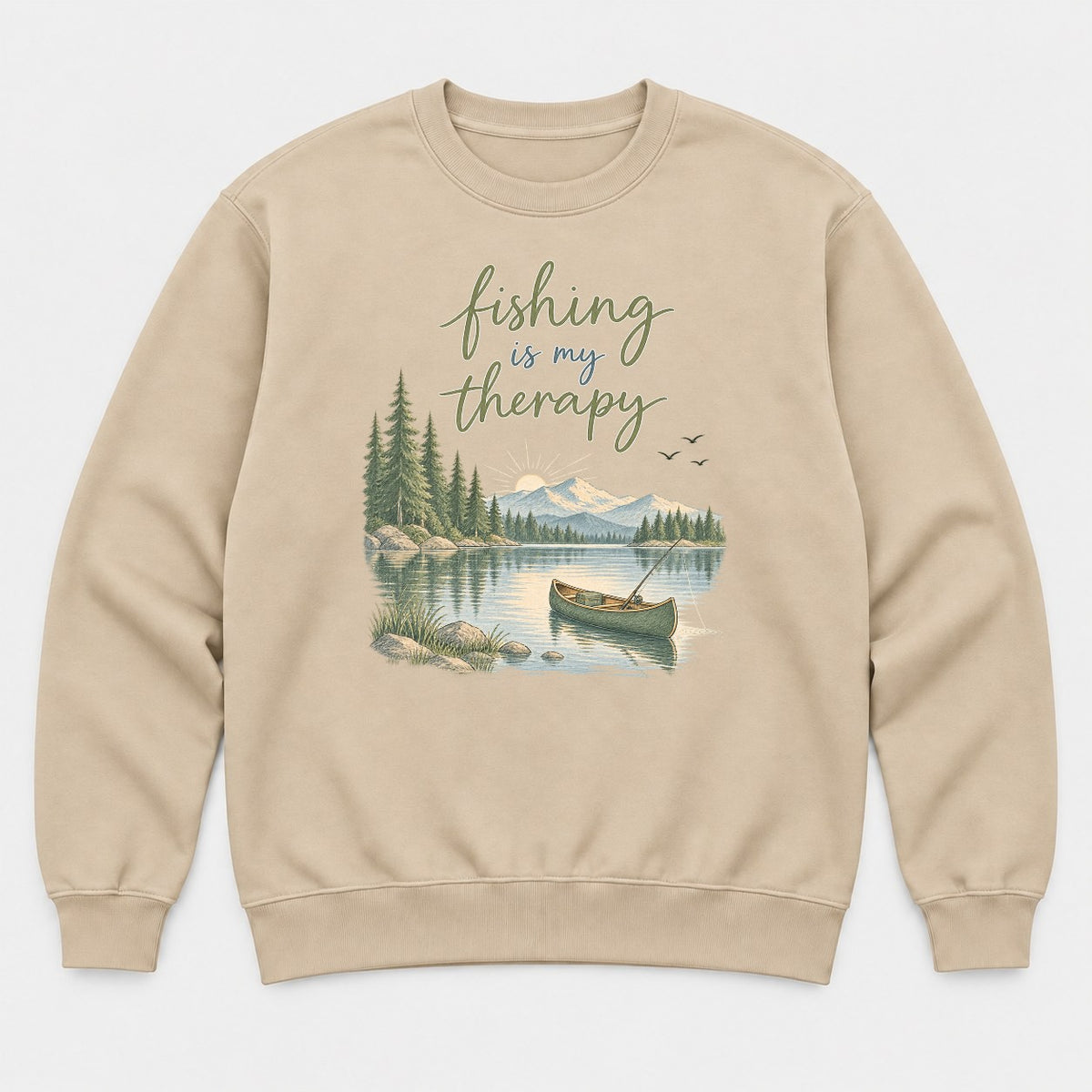 Fishing Is My Therapy Lake Canoe Graphic T-Shirt & Sweatshirt - Sweatshirt Sand Front