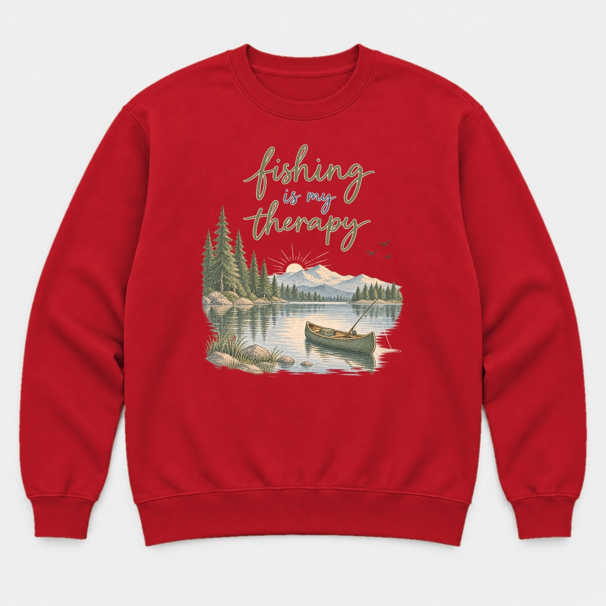 Fishing Is My Therapy Lake Canoe Graphic T-Shirt & Sweatshirt - Sweatshirt Red Front