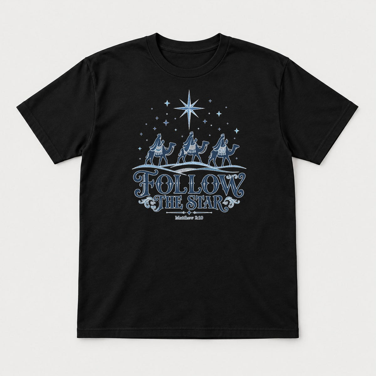 Follow The Star Three Wise Men Nativity Graphic T-Shirt & Sweatshirt - Tshirt Black Front