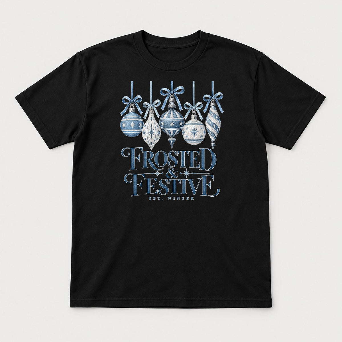 Frosted & Festive Blue Ornament Christmas Graphic T-Shirt & Sweatshirt - Tshirt Black Front