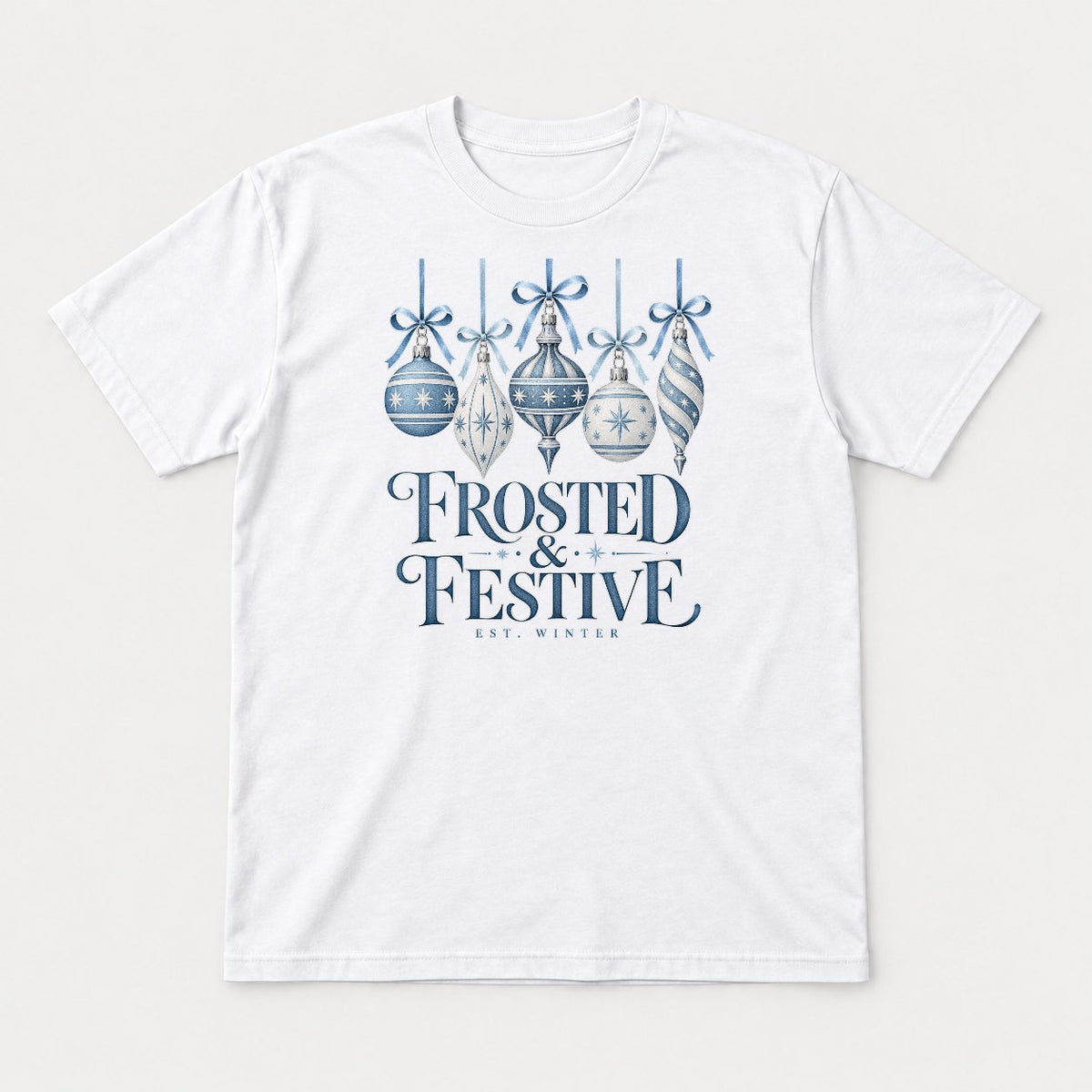 Frosted & Festive Blue Ornament Christmas Graphic T-Shirt & Sweatshirt - Tshirt White Front