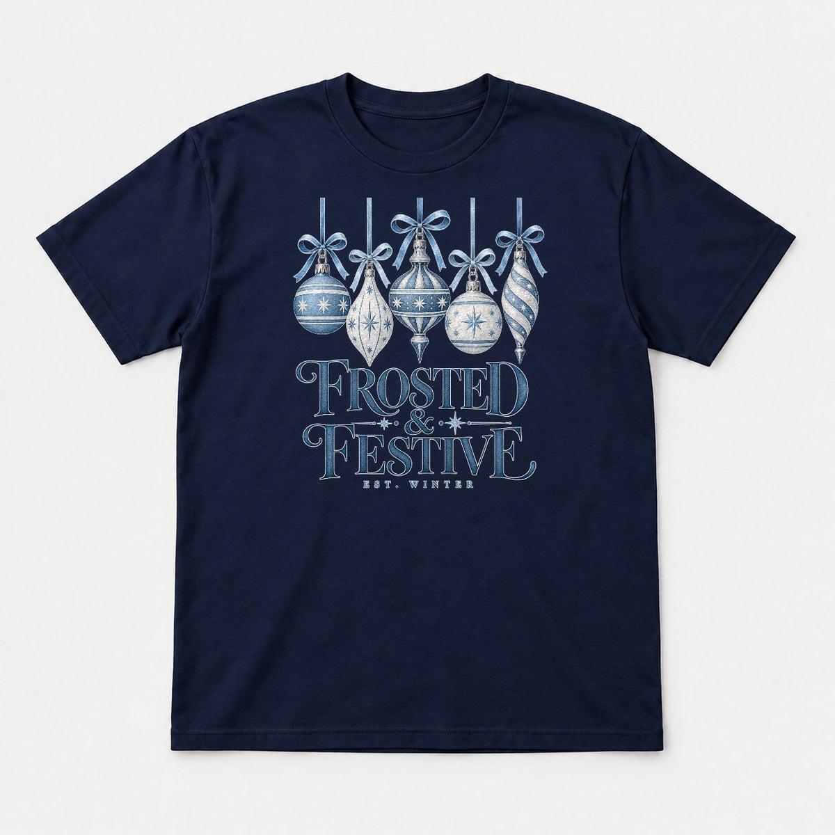 Frosted & Festive Blue Ornament Christmas Graphic T-Shirt & Sweatshirt - Tshirt Navy Front