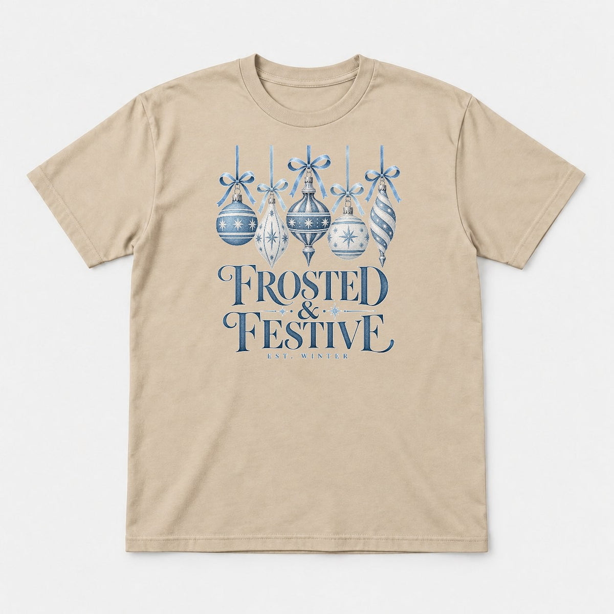 Frosted & Festive Blue Ornament Christmas Graphic T-Shirt & Sweatshirt - Tshirt Sand Front