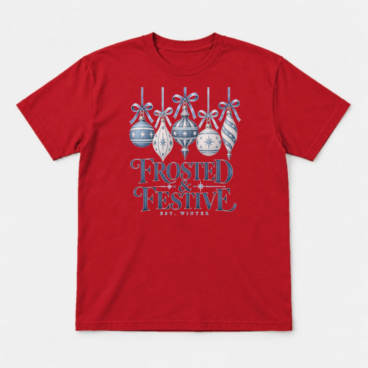 Frosted & Festive Blue Ornament Christmas Graphic T-Shirt & Sweatshirt - Tshirt Red Front