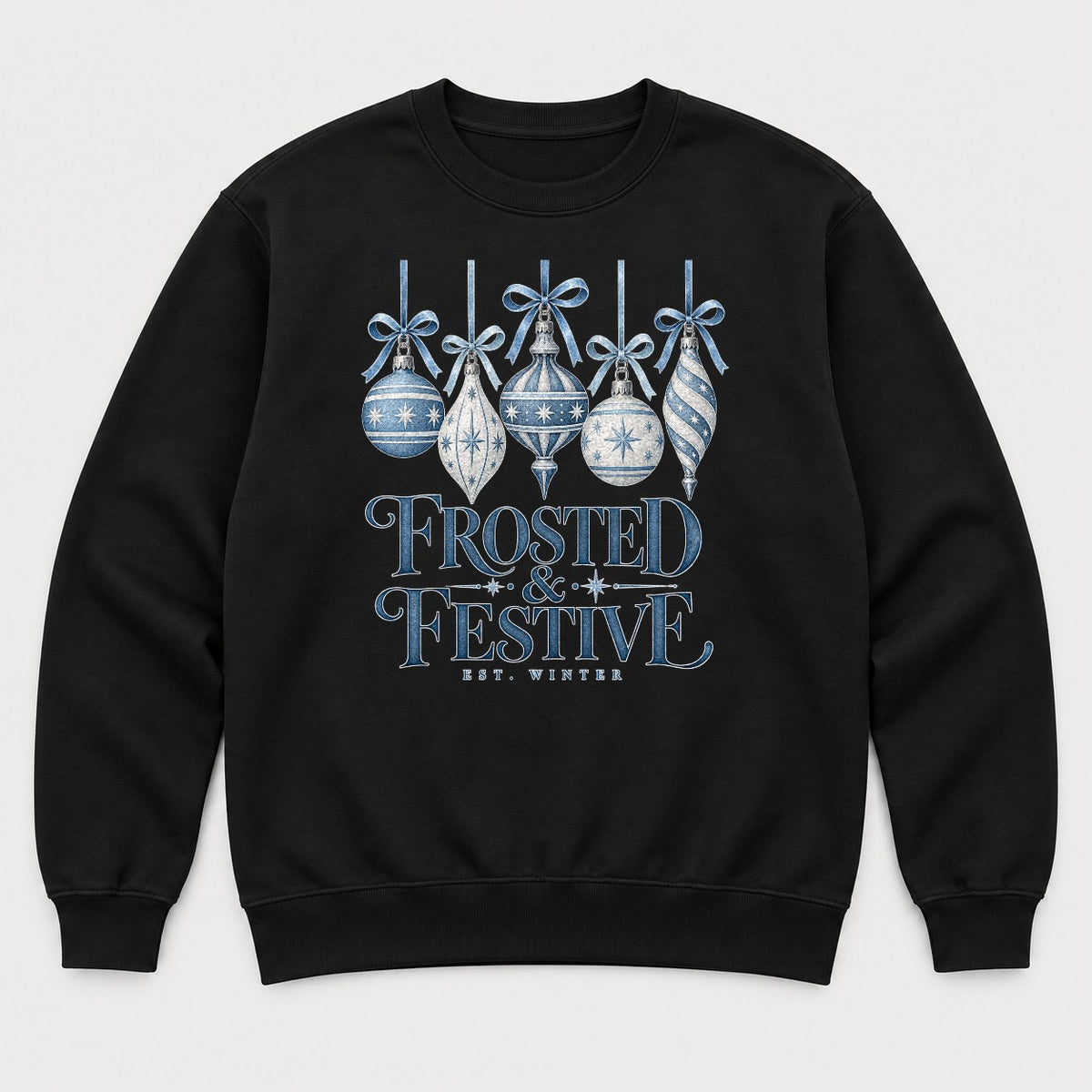 Frosted & Festive Blue Ornament Christmas Graphic T-Shirt & Sweatshirt - Sweatshirt Black Front