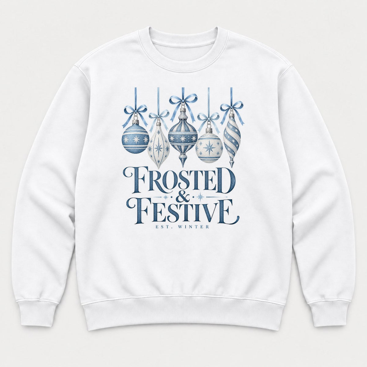 Frosted & Festive Blue Ornament Christmas Graphic T-Shirt & Sweatshirt - Sweatshirt White Front