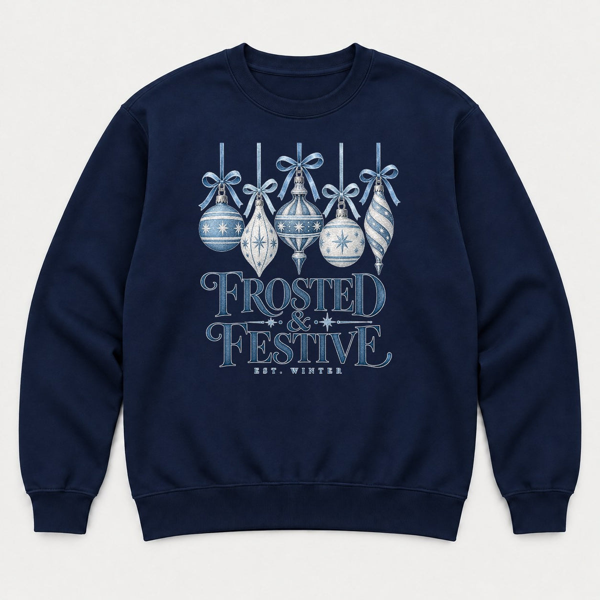 Frosted & Festive Blue Ornament Christmas Graphic T-Shirt & Sweatshirt - Sweatshirt Navy Front