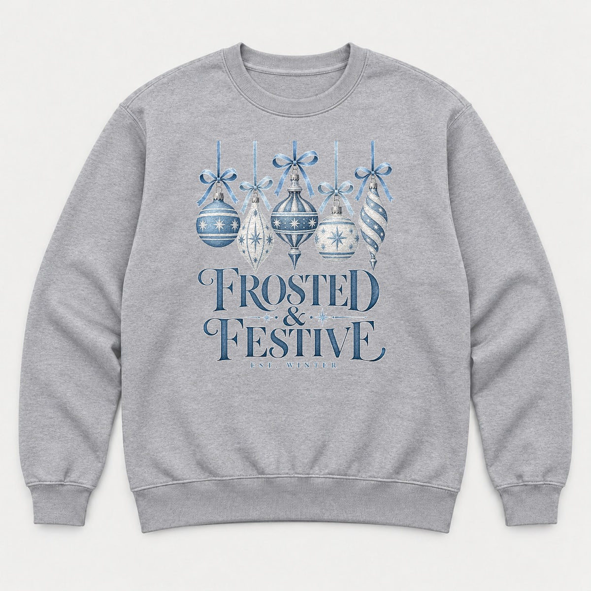 Frosted & Festive Blue Ornament Christmas Graphic T-Shirt & Sweatshirt - Sweatshirt Sport Grey Front
