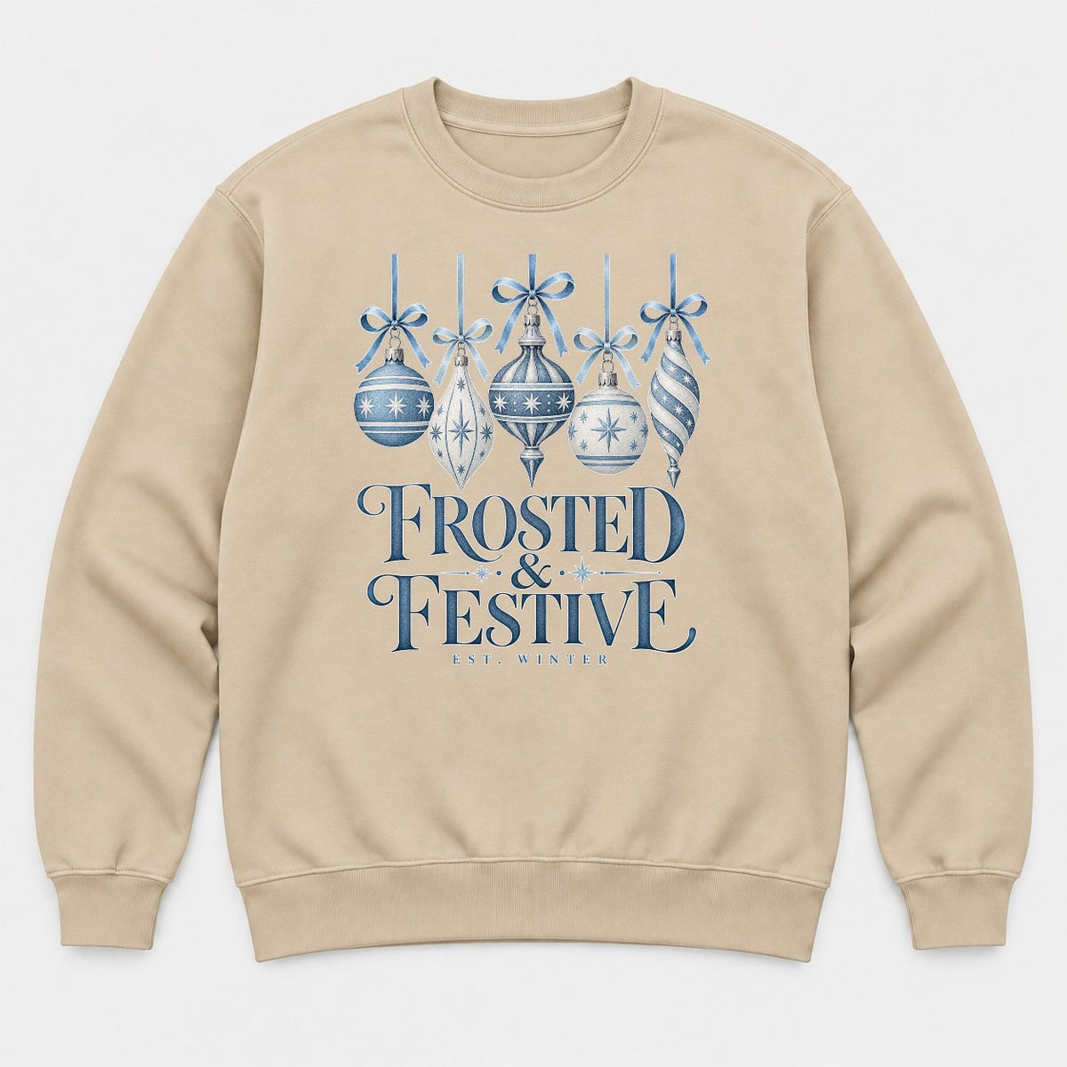 Frosted & Festive Blue Ornament Christmas Graphic T-Shirt & Sweatshirt - Sweatshirt Sand Front