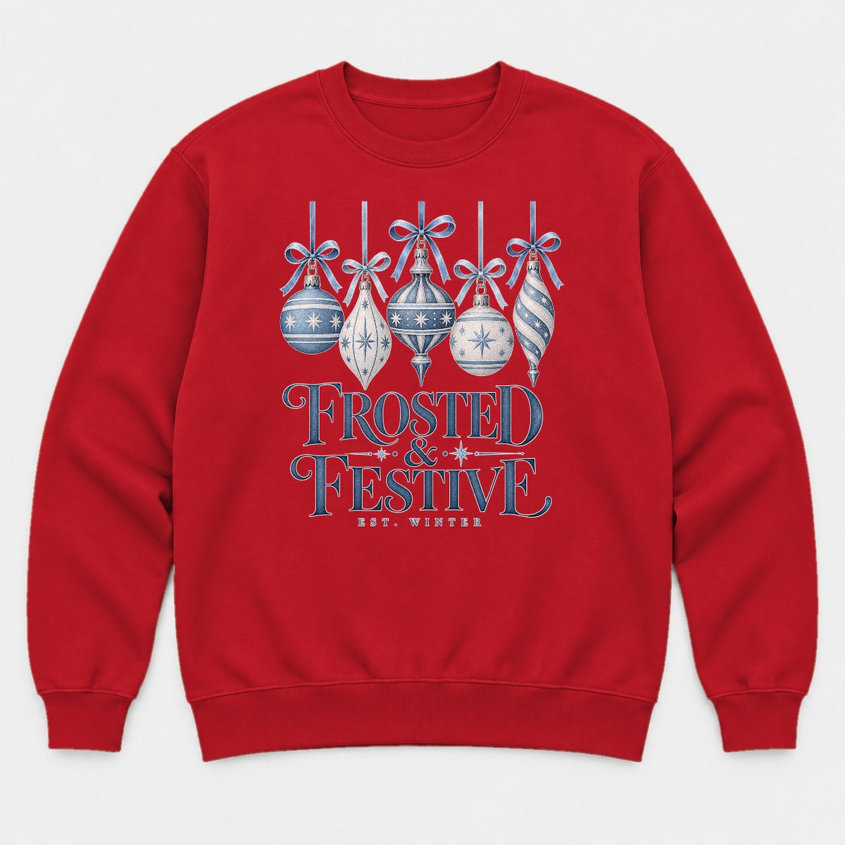 Frosted & Festive Blue Ornament Christmas Graphic T-Shirt & Sweatshirt - Sweatshirt Red Front