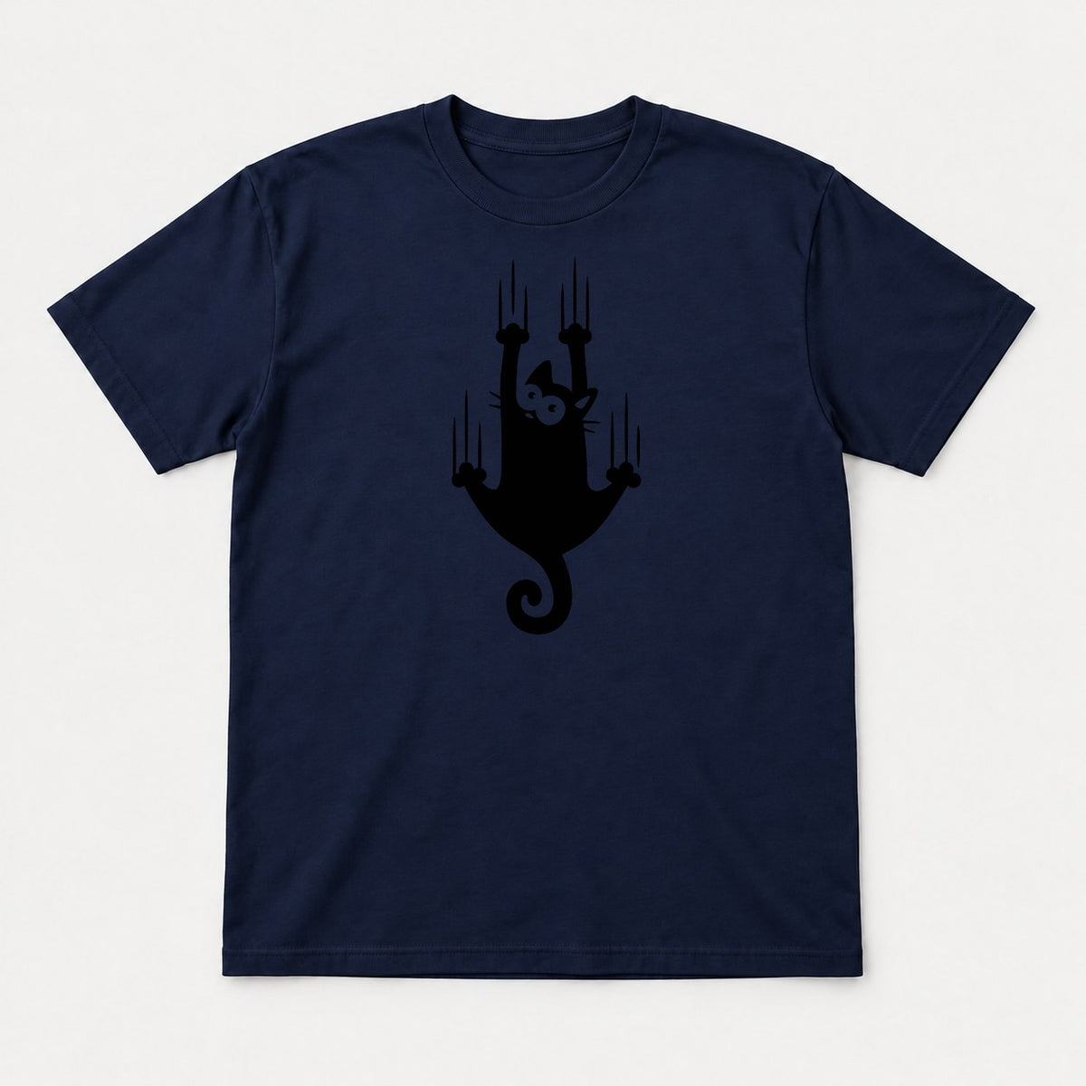 Funny Climbing Black Cat Scratching Graphic T-Shirt & Sweatshirt - Tshirt Navy Front