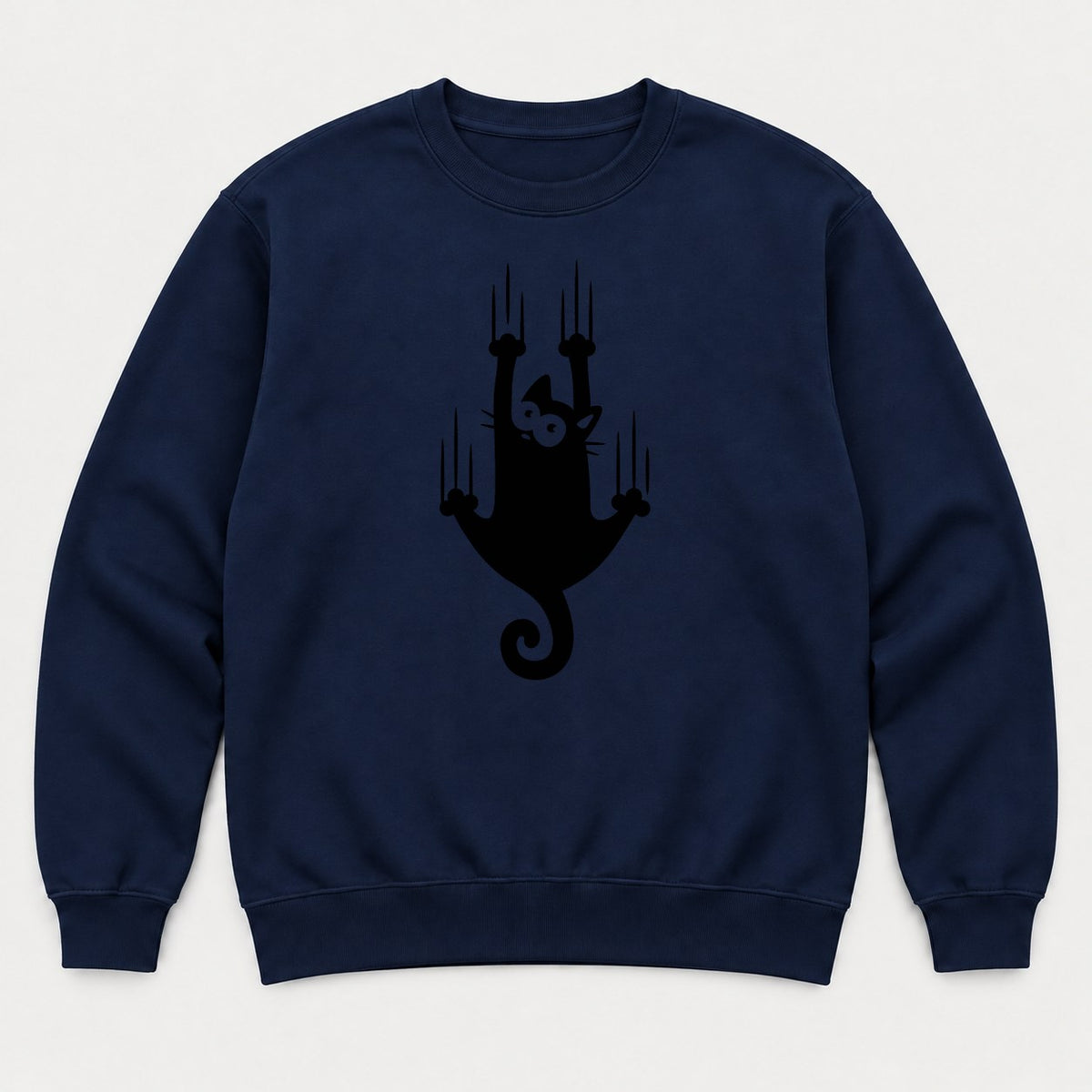 Funny Climbing Black Cat Scratching Graphic T-Shirt & Sweatshirt - Sweatshirt Navy Front
