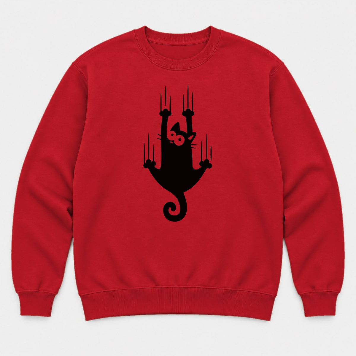 Funny Climbing Black Cat Scratching Graphic T-Shirt & Sweatshirt - Sweatshirt Red Front