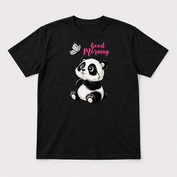 Good Morning Cute Panda and Butterfly Graphic T-Shirt & Sweatshirt - Tshirt Black Front