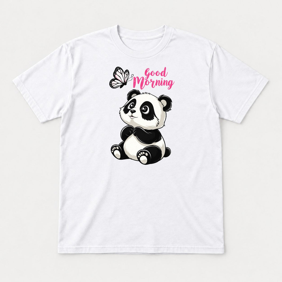 Good Morning Cute Panda and Butterfly Graphic T-Shirt & Sweatshirt - Tshirt White Front