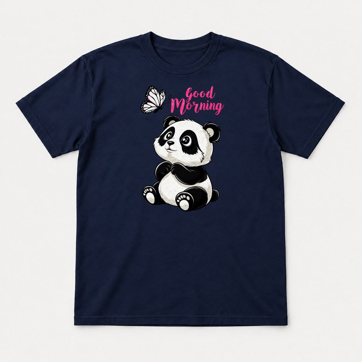 Good Morning Cute Panda and Butterfly Graphic T-Shirt & Sweatshirt - Tshirt Navy Front