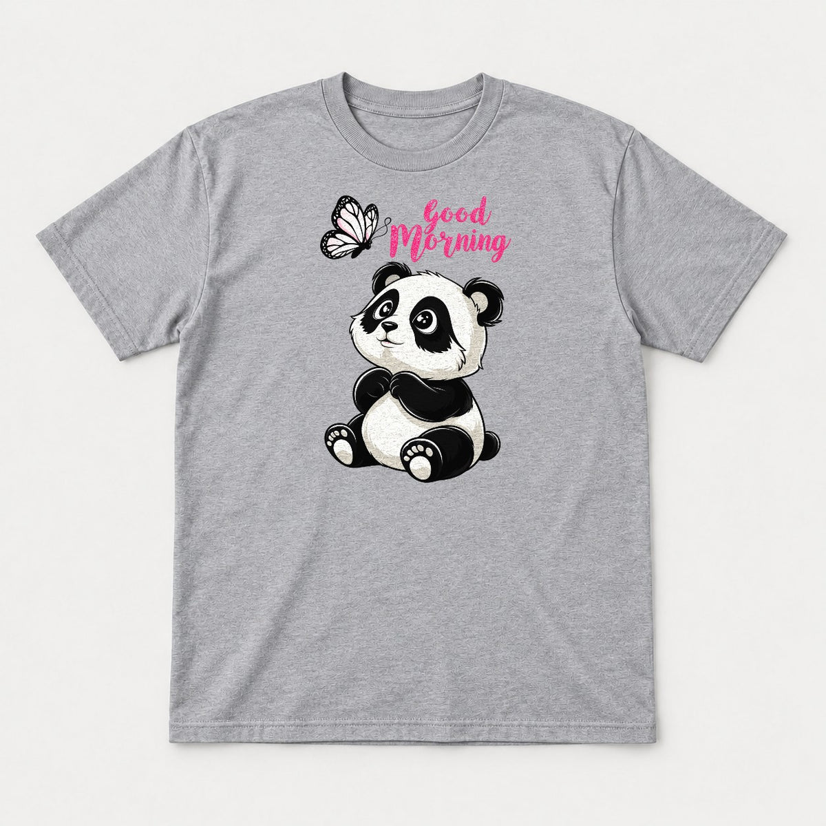 Good Morning Cute Panda and Butterfly Graphic T-Shirt & Sweatshirt - Tshirt Sport Grey Front